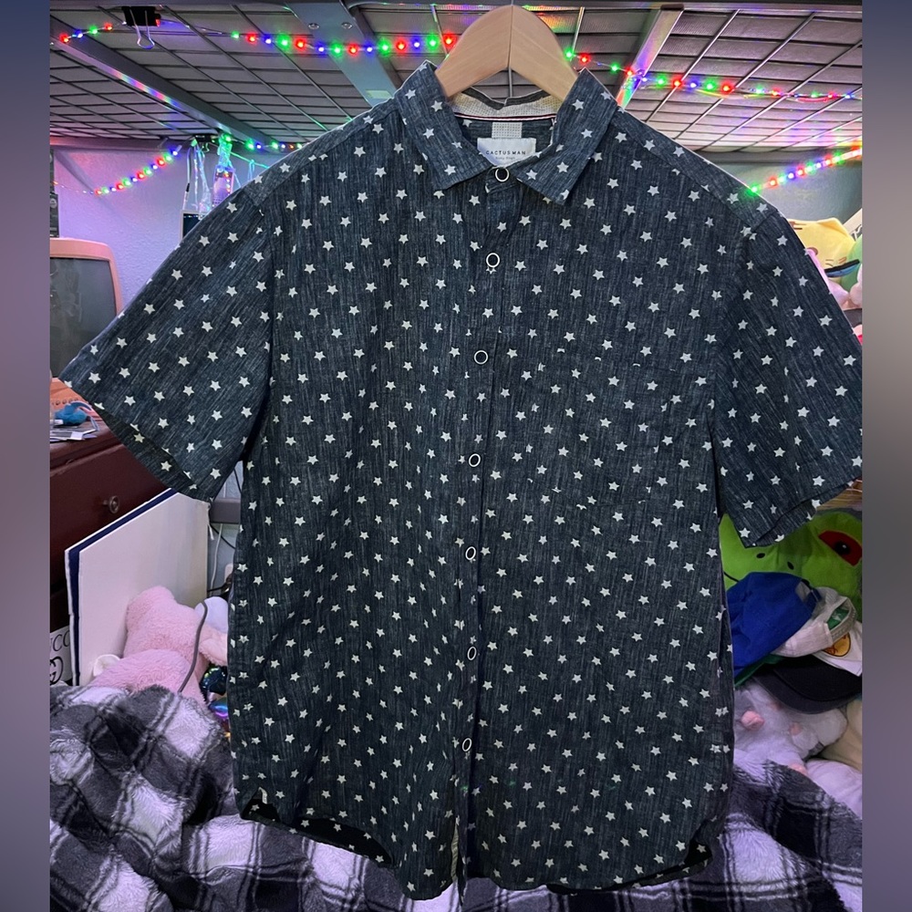 Textured navy blue with white stars button up